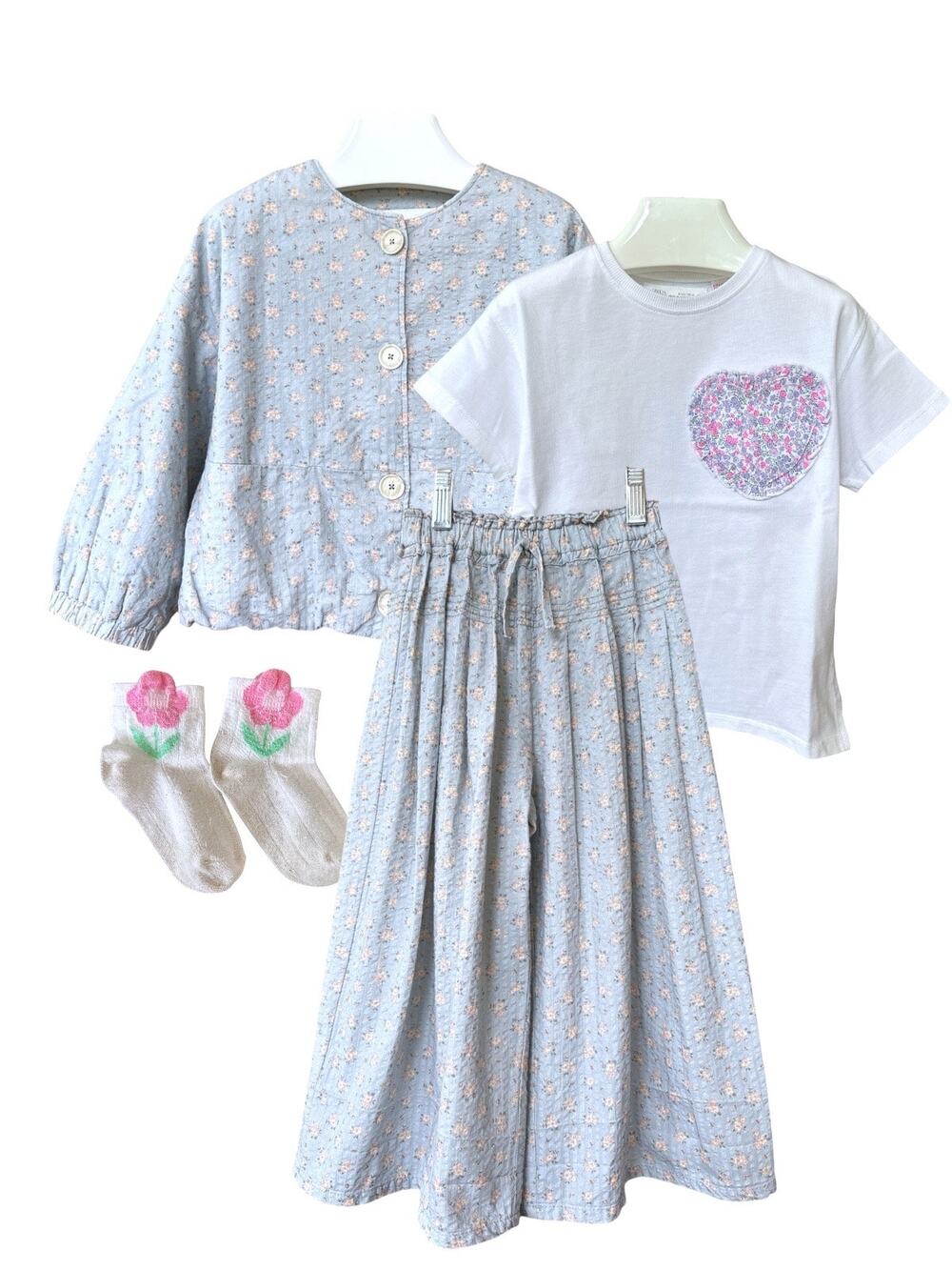 Zara Timelesz Floral Jacket Palazzo Pants and Tee Bundle Set Size 5 (110cm) Blue